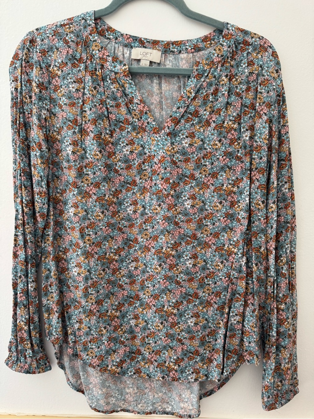 LOFT Floral V-Neck Long Sleeve Blouse in Blue, Rust & Cream